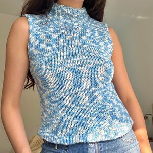 VINTAGE Sun Moon Stars Blue Knit Sleeveless Sweater Top